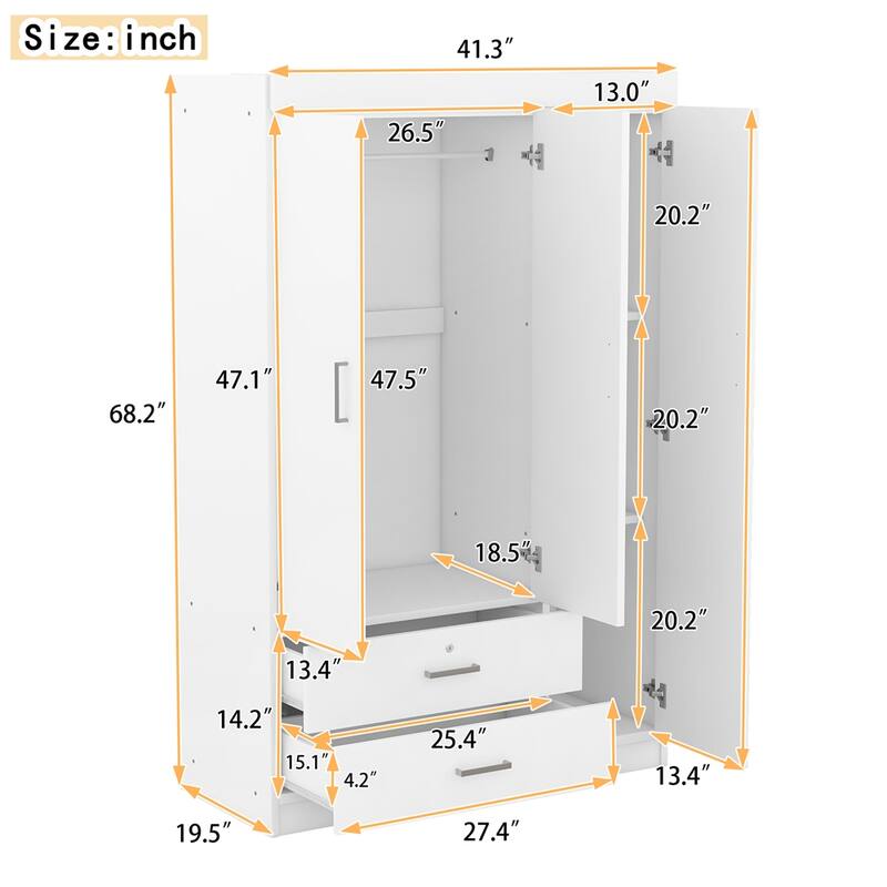 3-Door Mirror Wardrobe with Shelves