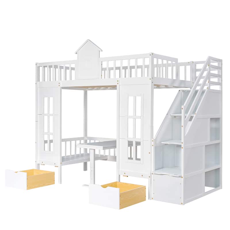 White Twin-over-Twin Bunk Bed with Changeable Table, Turn into Upper Bed and Down Desk with 2 Drawers