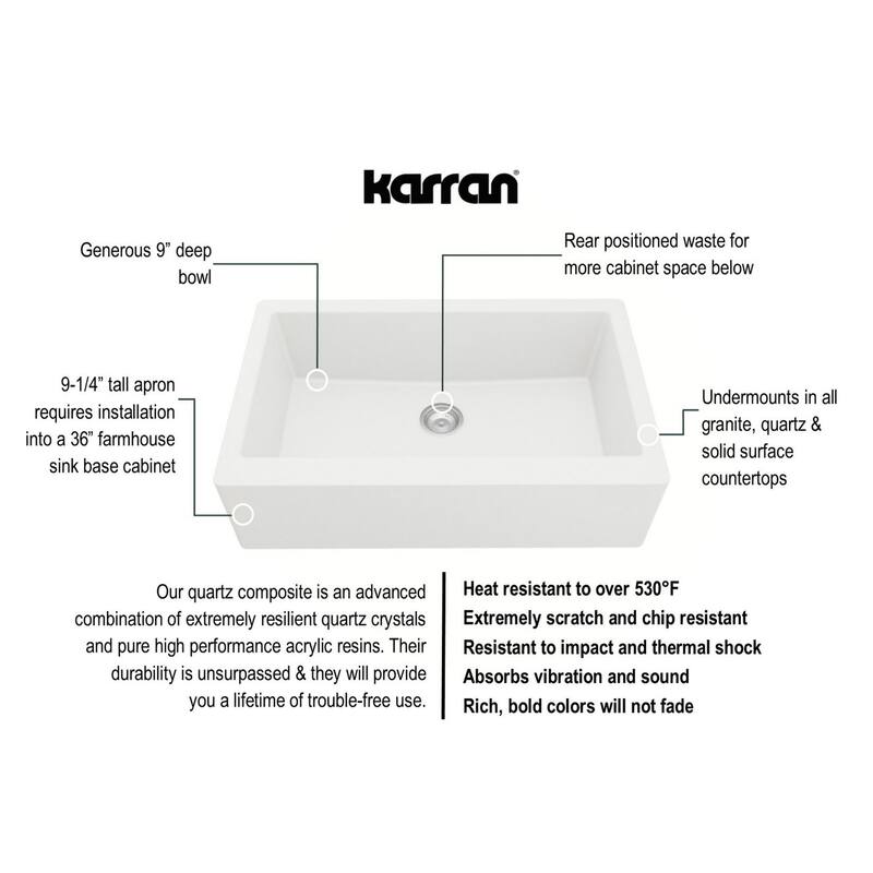 Karran All-in-One Apron Front/Farmhouse Quartz 34-in Single Bowl Kitchen Sink in White with Faucet KKF210 in Matte Black