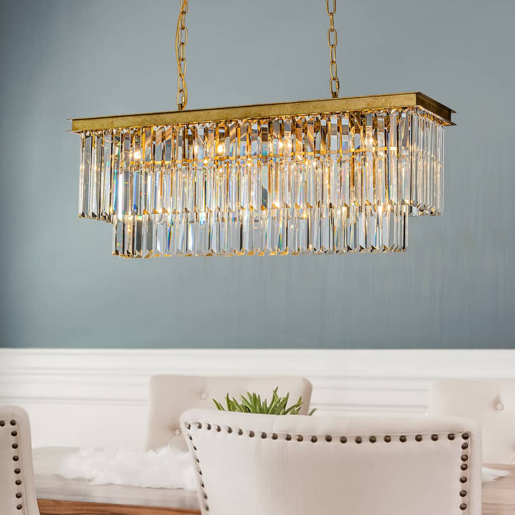 10/11-Light Matte Gold Vintage Fringe Crystal Chandelier Glam Lighting Adjustable for Dining & Kitchen Areas