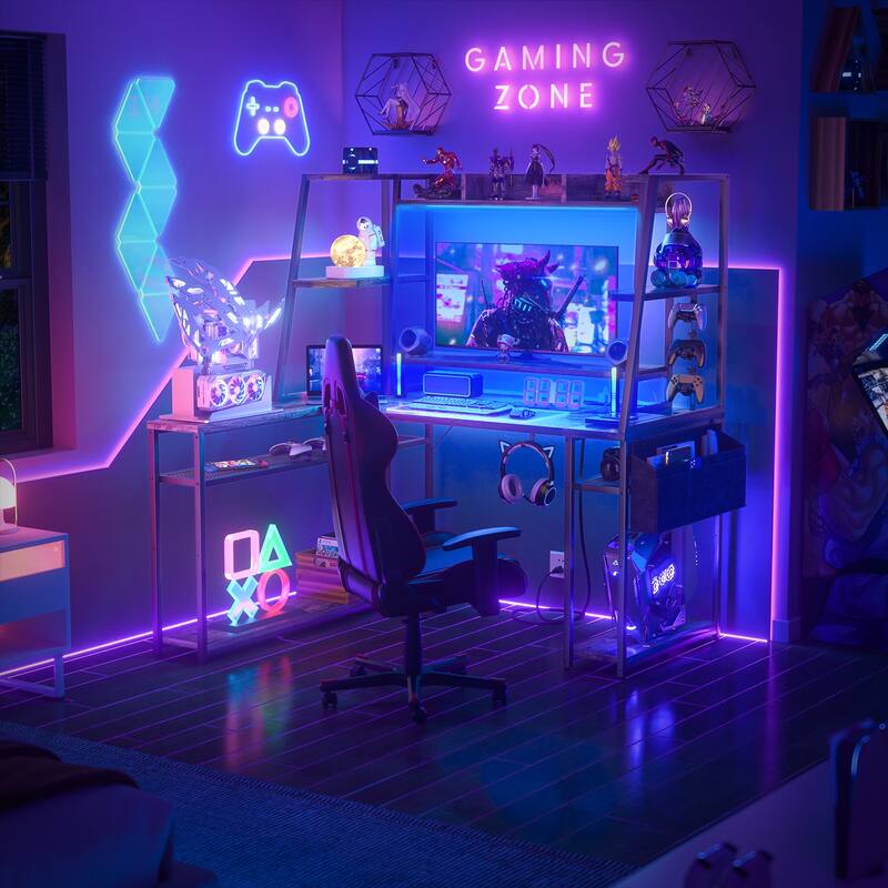 Ultimate L-Shape Gaming Desk with Hutch & Shelves, Reversible Computer Desk with LED Lights & Charging Station