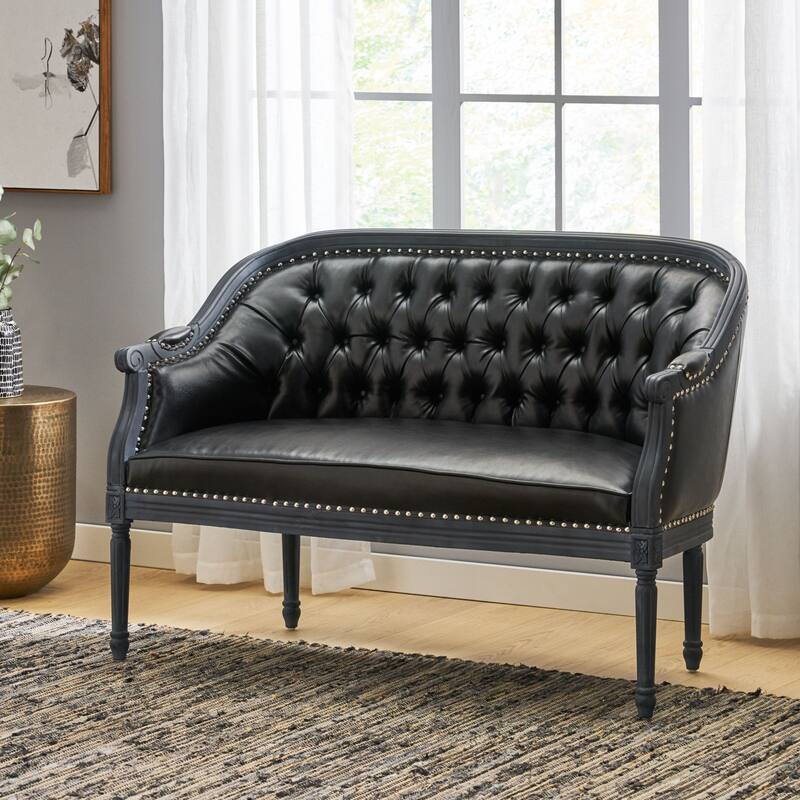 Faux Leather Loveseat Sofa with Turned Legs and Nailheads