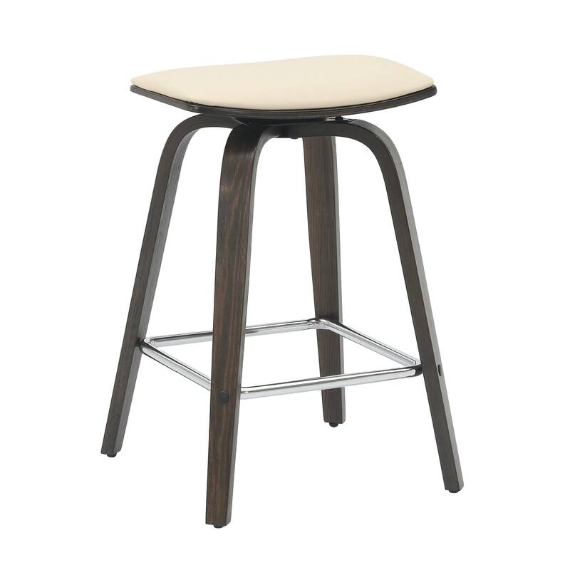 Leather Counter Stool Swivel Square Seat Poplar Wood Frame Iron Foot Rest - Dark Walnut/Taupe
