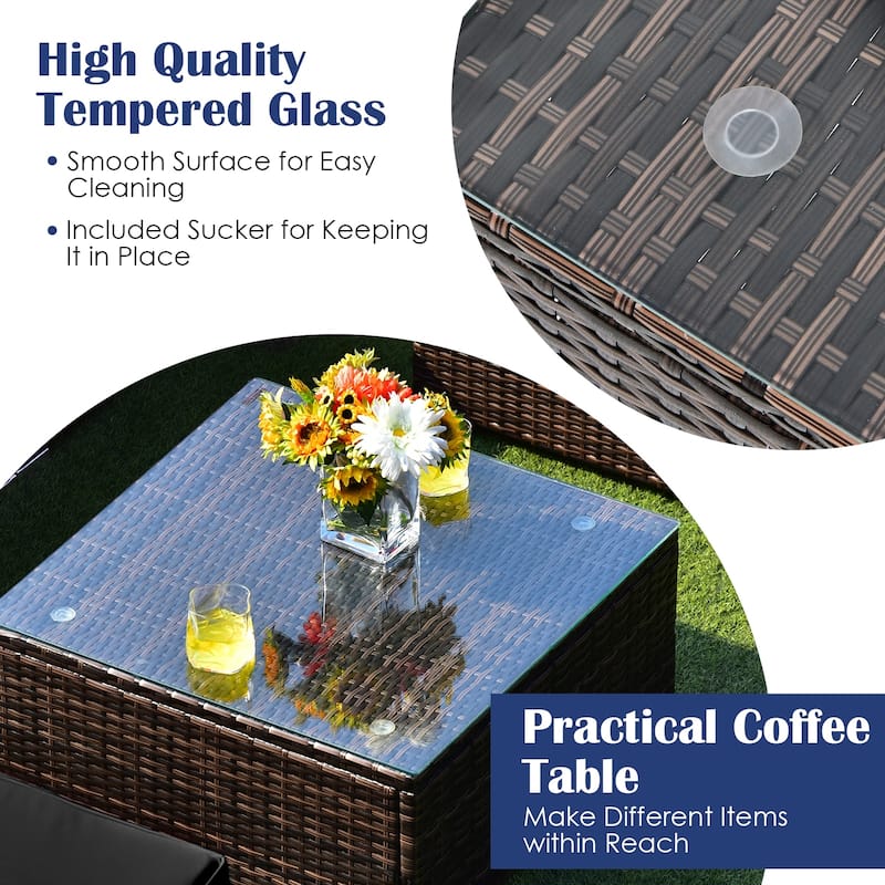 6 Pieces Patio Rattan Furniture Set with Cushions and Glass Coffee Table
