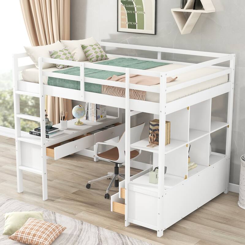 Full-Size Loft Bed with Desk, Drawers & Storage Shelves - Space-Saving Design - White