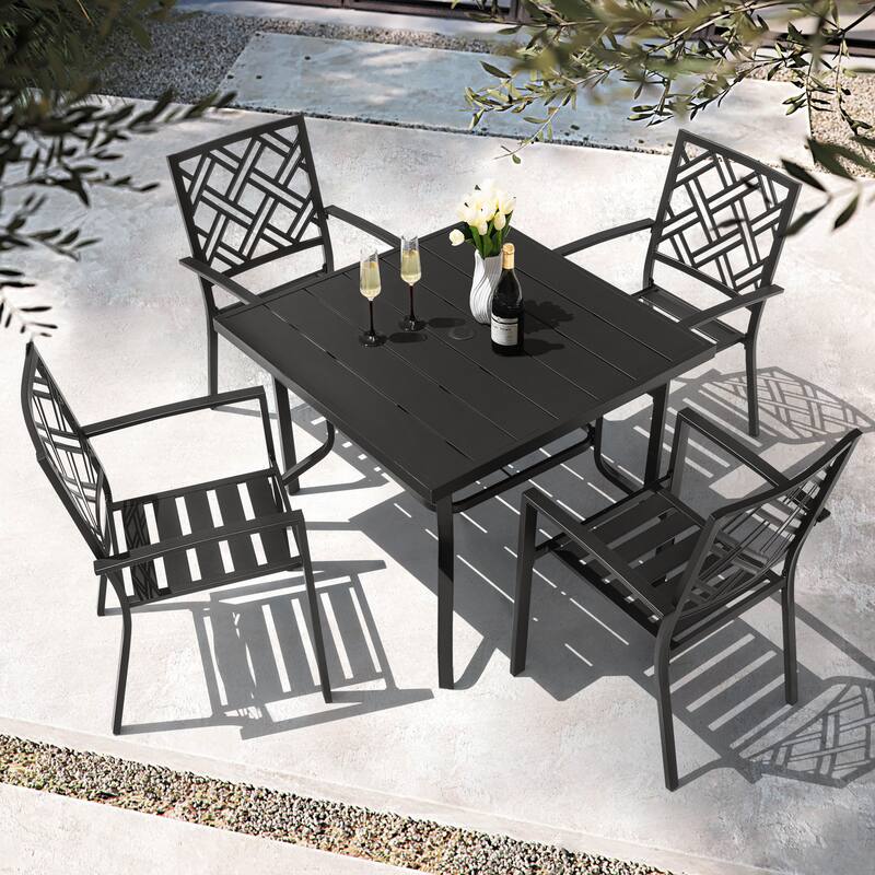 Patio 2-Piece Iron Dining Chairs with Ventilated Slatted Seat and Stackable Design