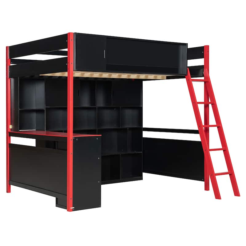 Full Size Wood Loft Bed with Desk, Storage & Light