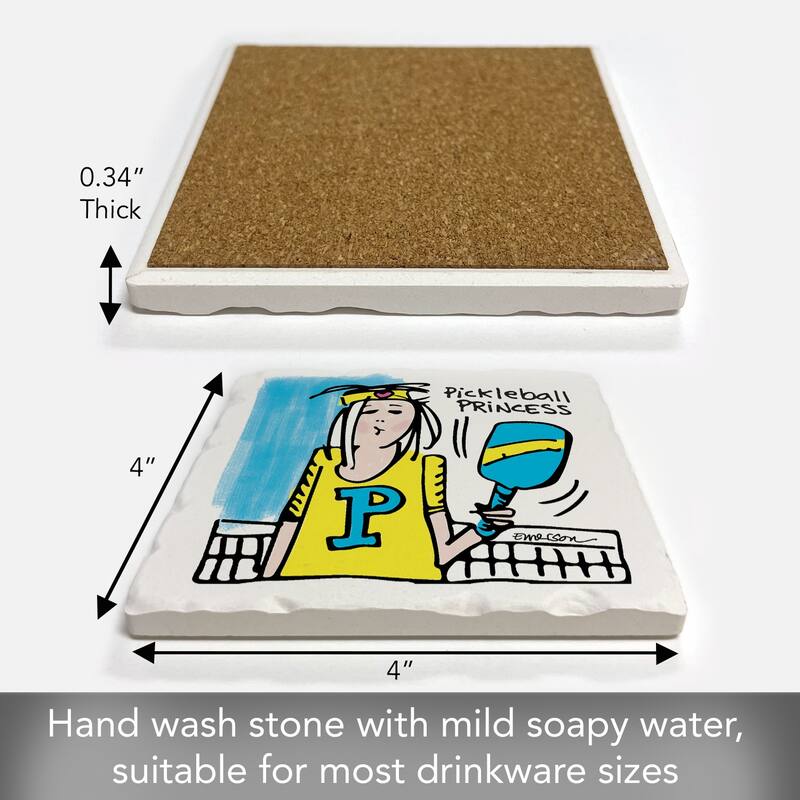 Pickelball Princess 4 Pack Absorbent Stone Coasters with Cork Backing 4" Square Made in The USA Absorbent Wipes Clean