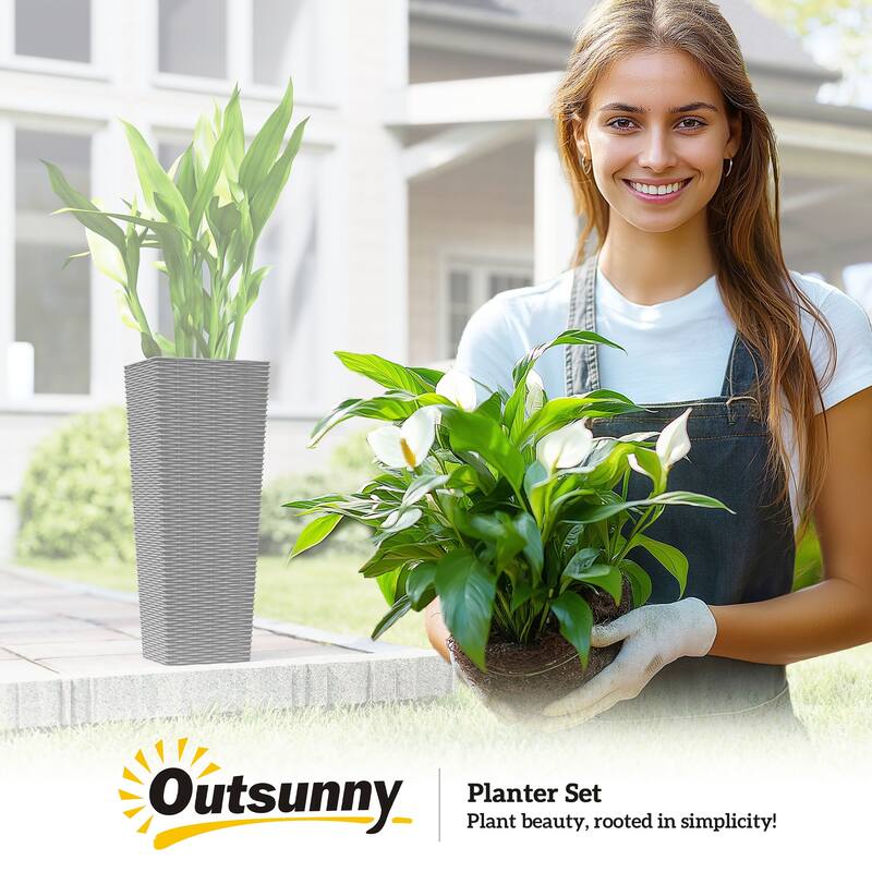 Outsunny 23.6 Inch Tall Planters for Outdoor Plants, Set of 2 Plastic Rattan-Like Flower Pots Front Porch