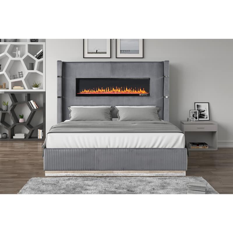 Lizelle Modern Style Queen/King Upholstered Bed with USB Ports, Fireplace Headboard & Made with Wood - Grey - King