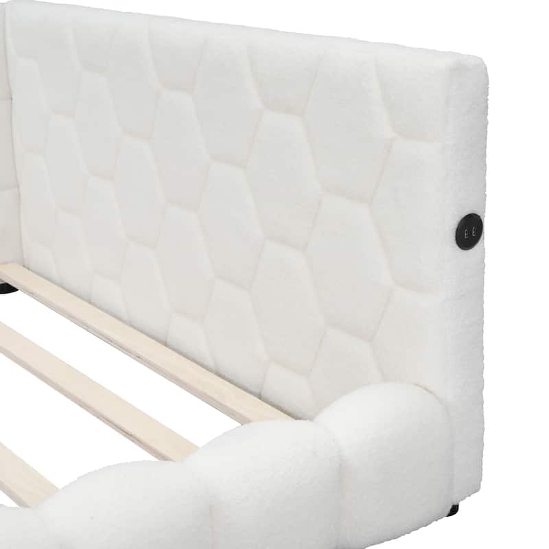 Full Size Teddy Upholstered Bed Frame with USB Ports and LED Belt, Platform Bed & Sofa-Bed for Bedroom/Living Room
