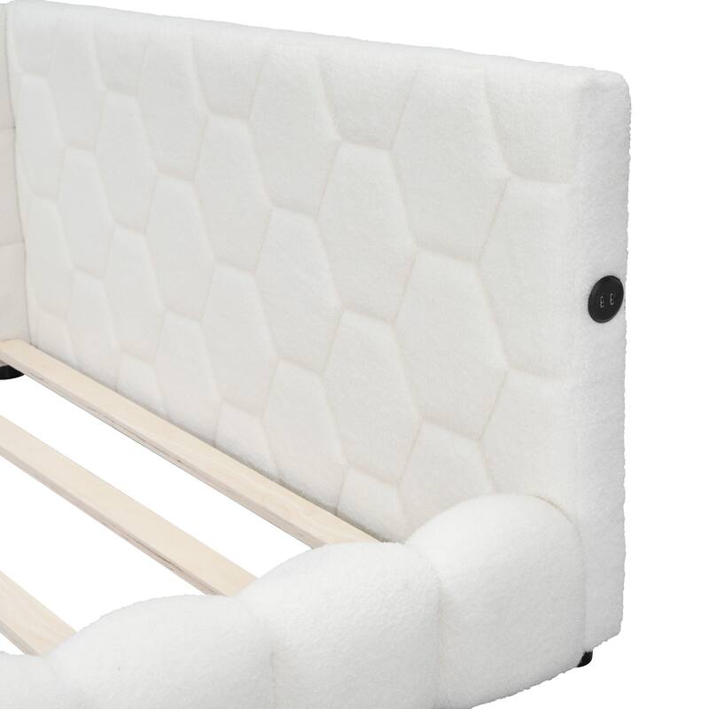 Full Size Upholstered Platform Bed Frame with Adjustable LED Lights and USB Charging Ports, Sturdy Wood Frame, White/Pink