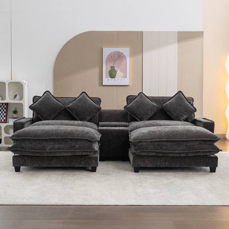 111" Chenille Sectional Sofa Set with USB Ports & Cup Holders, Oversized Chaise Lounge Modular Loveseat with 2 Ottomans