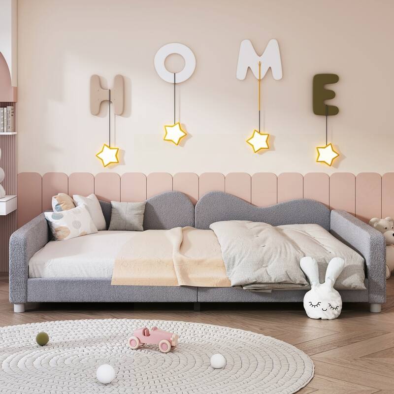 Upholstered Daybed, Sherpa Fabric Sofabed with Cloud-Shaped Backrest