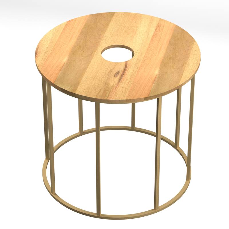 Orb Side End Table - Round Natural Mango Wood Top with Brass Powder Coated Open Frame, 19 Inch