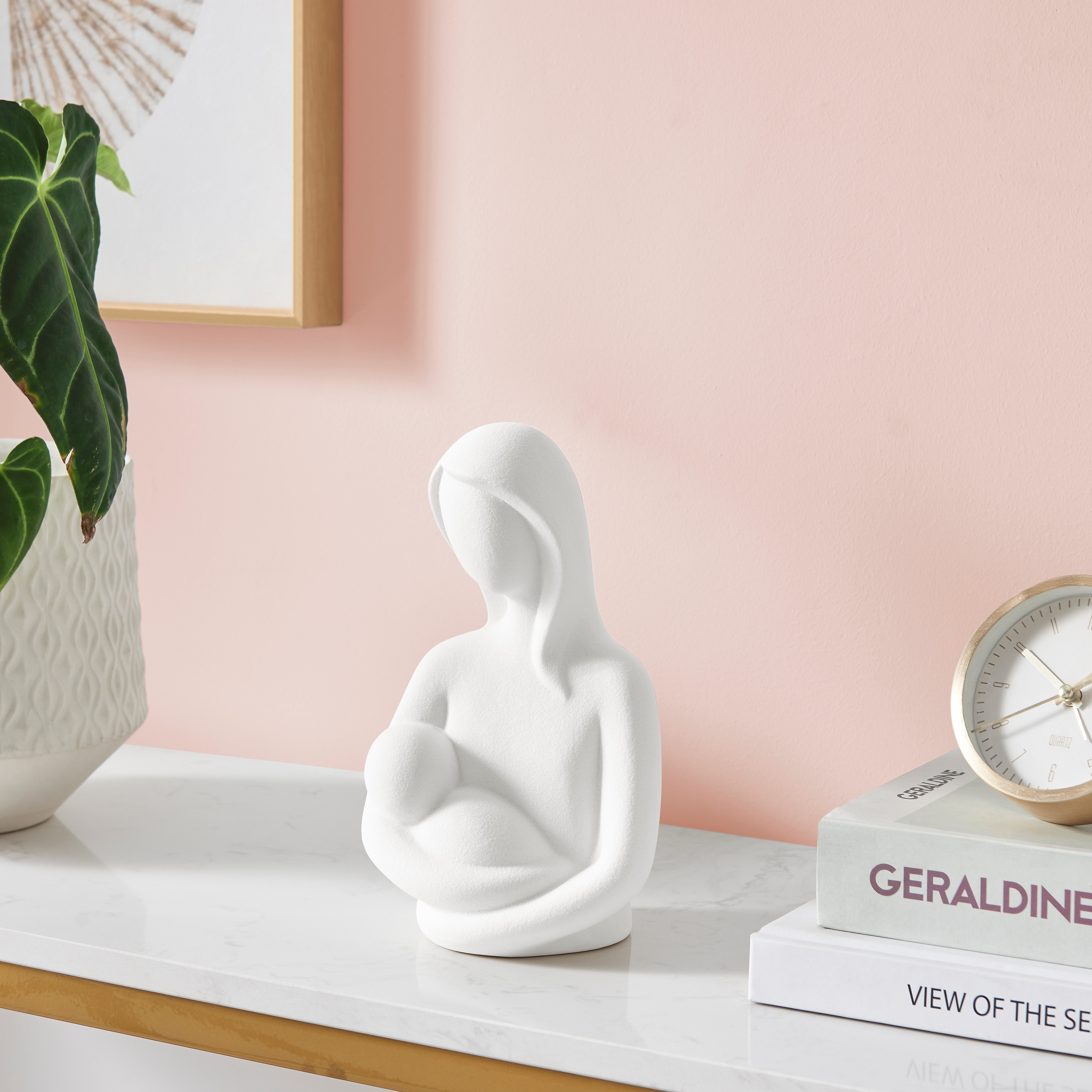 Hans White Abstract Mother Holding Baby Matte Ceramic Sculpture