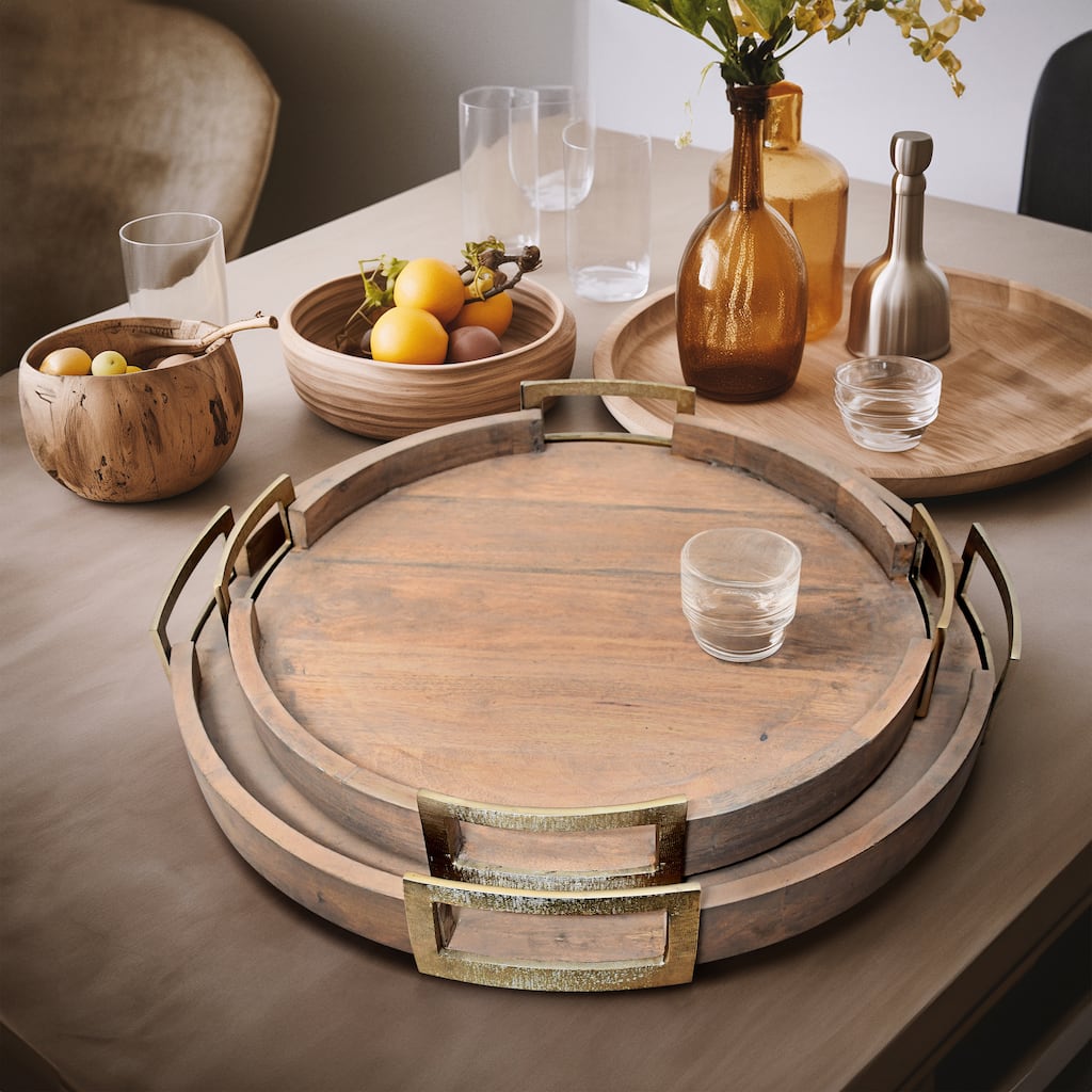 Sagebrook Home's Maxwell Round Wood Trays - Natural Mango Wood & Aluminum, Set of 2 - 26" x 26" x 4"