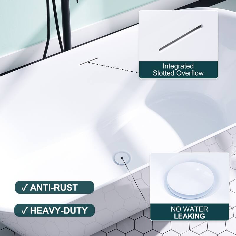 Glossy White Freestanding Soaking Bathtub, 100% Pure Virgin Acrylic with Drain And Overflow