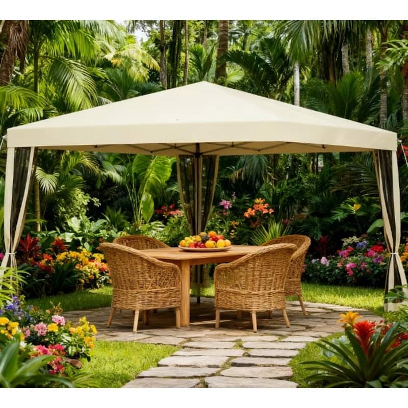 GDFStudio Outdoor Calindra Steel Pop-Up Canopy Tent with Adjustable Legs and Mesh Sides