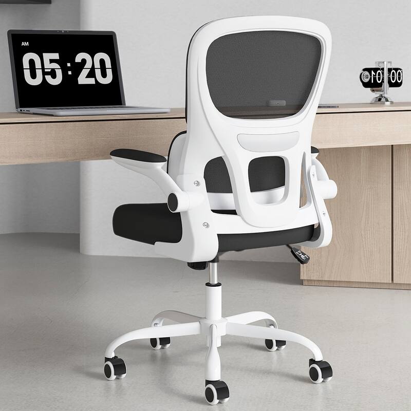 Office Chair, Mesh Ergonomic Office Chair with Lumbar Support, Comfy Computer Desk Chair with Flip Armrest Rolling Wheels - Black+White