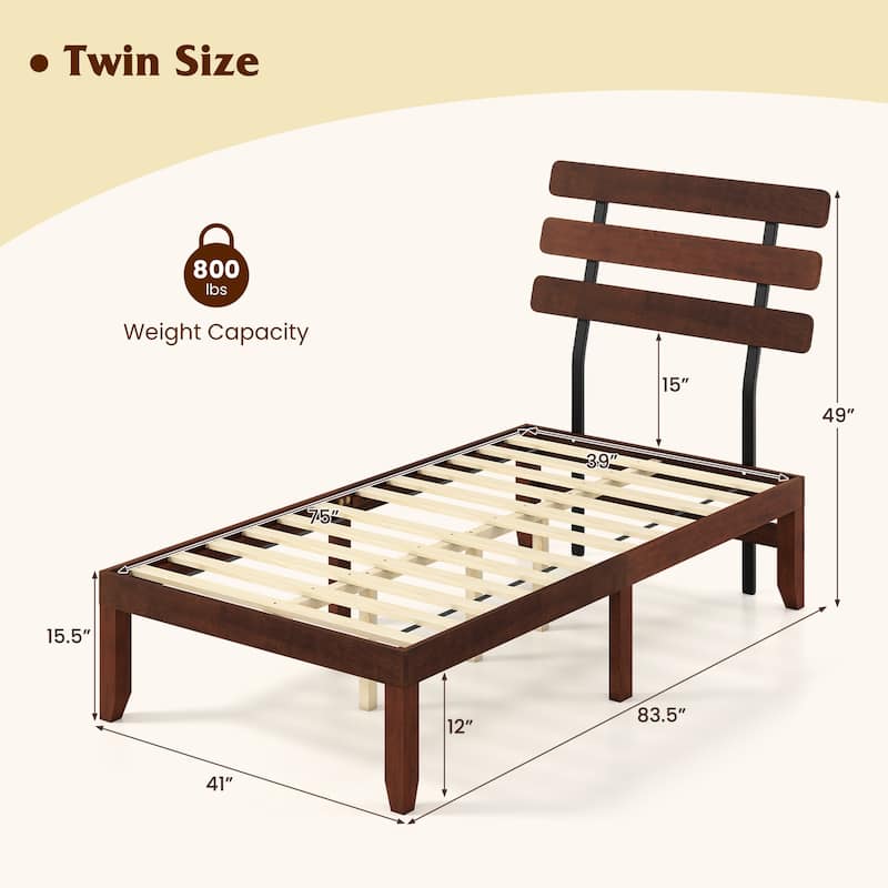 Walnut Twin Size Wooden Platform Bed Frame with Vintage Headboard and Under Bed Storage Solid Rubber Wood Construction