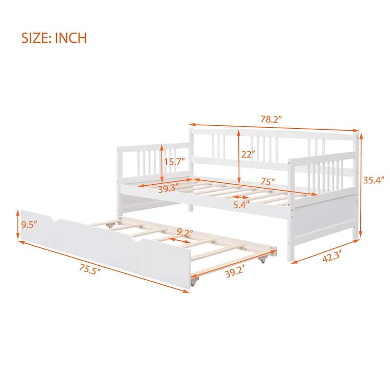 Pine Wood Daybed Frame with Twin Size Trundle, Headboard and Footboard
