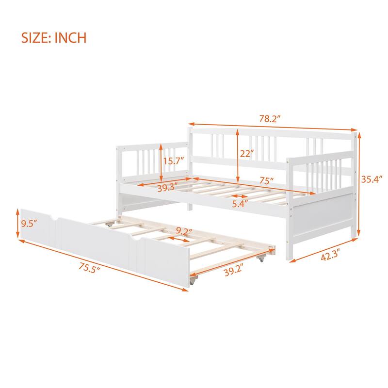 Twin Size Daybed Wood Bed with Twin Size Trundle, White