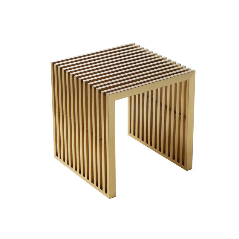 Niki 17 Inch Accent Stool, Slatted Design, Square, Luxurious Brushed Gold