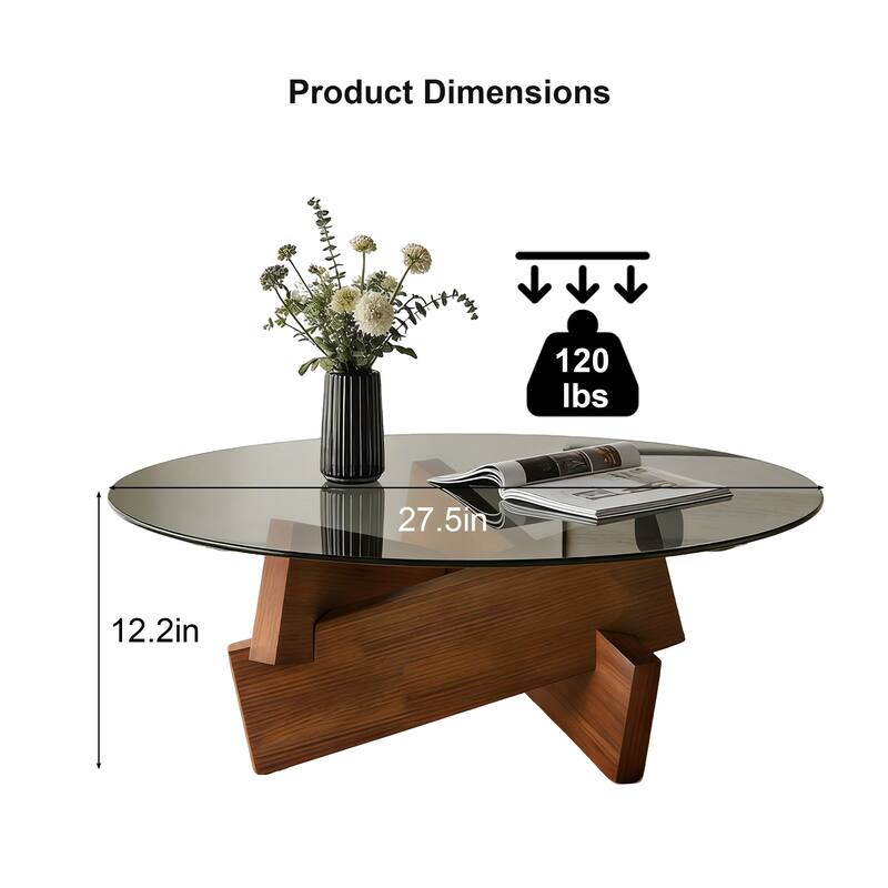 Modern Round Coffee Table for Living Room,Mid Century Center Table with Tempered Glass Top and Wood