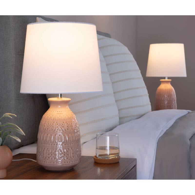 Porch & Den Claudia 20" Ceramic Table Lamp with Patterned Base & Linen Shade (Set of 2) - 20