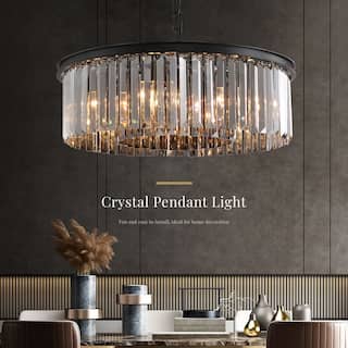 22-inch Smoky Gray Round Chandelier 2-Tier Modern Crystal Chandelier Kitchen Island Pendant Light for Dining Room Bedroom