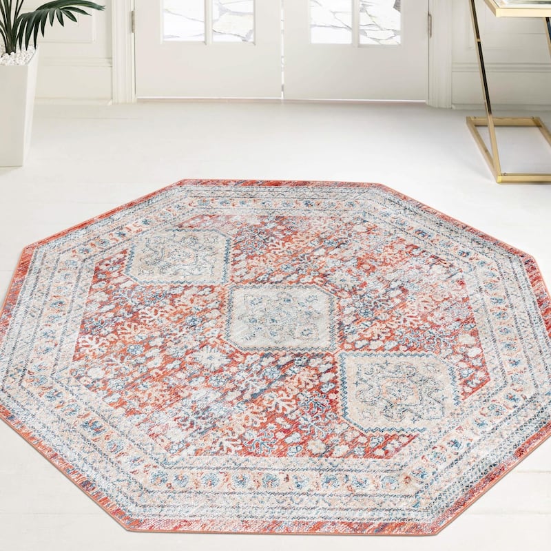 Traditional Haifa Collection Area Rug - Red - 7'x7' Octagon