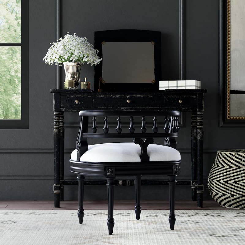 Hathaway 22.5 in. W Oval Upholstered and Wood Traditional Vanity Seat - Black Licorice