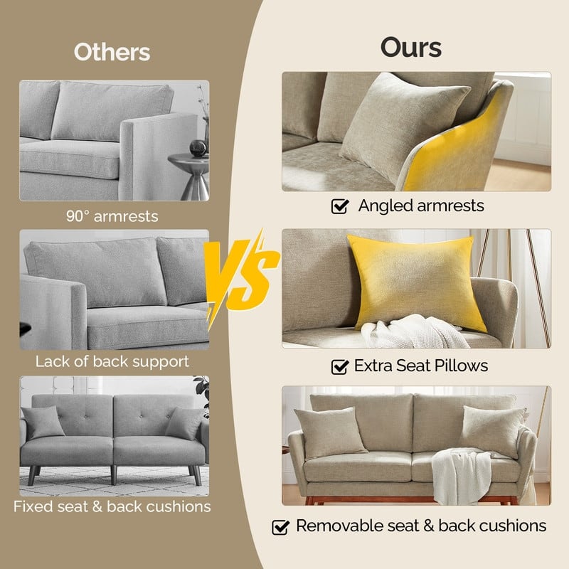 Linen Blend Mid-Century Modern Small Spaces Loveseat Two-Seater Sofa With Solid Wood Base