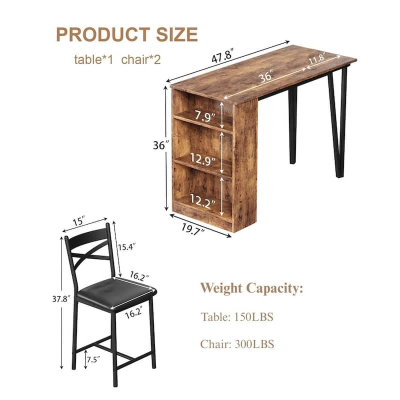 3-Piece 36in Wooden Counter Height Dining Table Set for Kitchen, Bar Table and Chairs