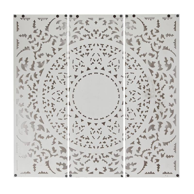 Wooden Handmade Intricately Carved Floral Wall Decor with Mandala Design (Set of 3) - Brown or White
