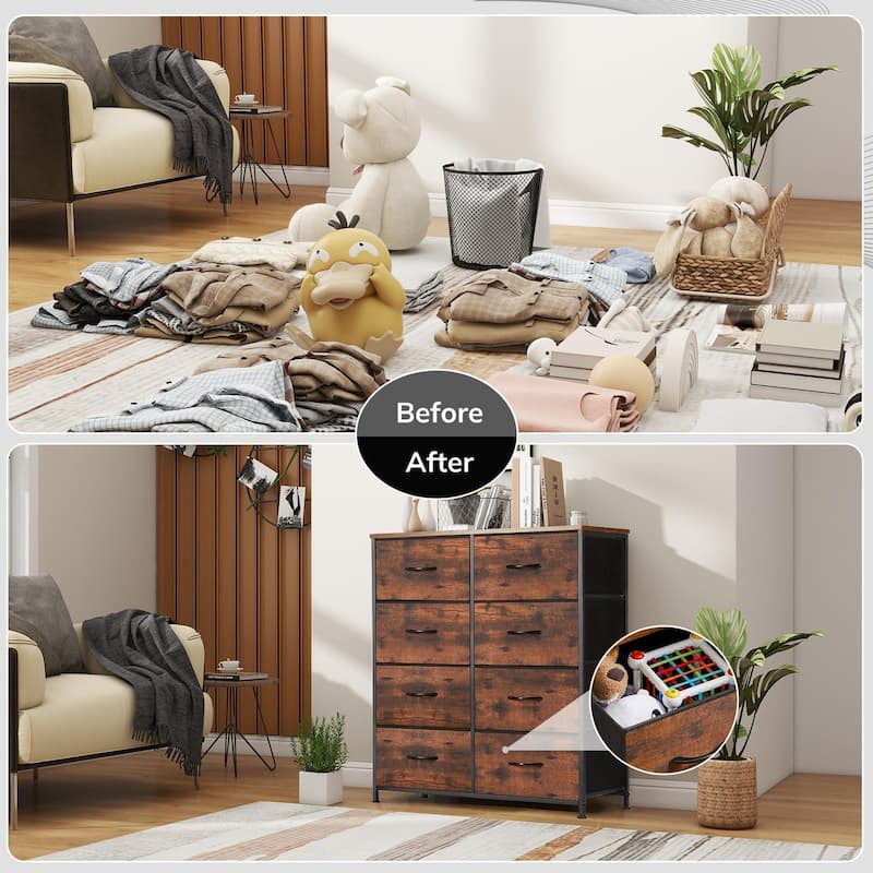 Dresser for Bedroom with 8 Drawers, Anti-Tip Tall Fabric Chests Storage Organizer Tower Furniture with Wooden Top Metal Frame