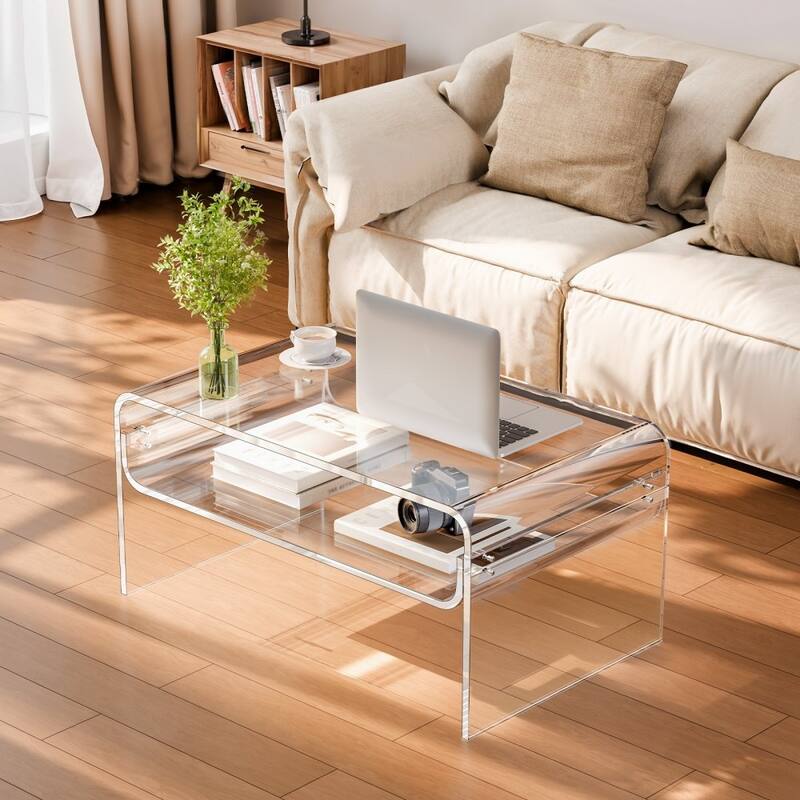 Clear Transparent Acrylic 2-Tier Coffee Table with Sturdy Metal Connectors and Storage - 19.7 x 31.5 x 15 in