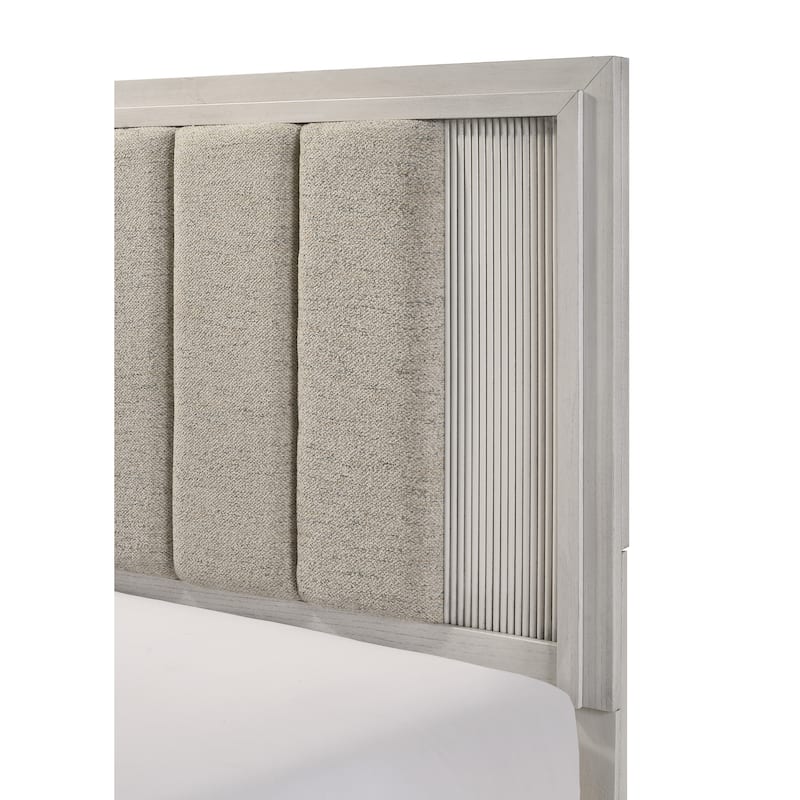 Queen Size Upholstered Bed with Plush Headboard in Mist White Finish