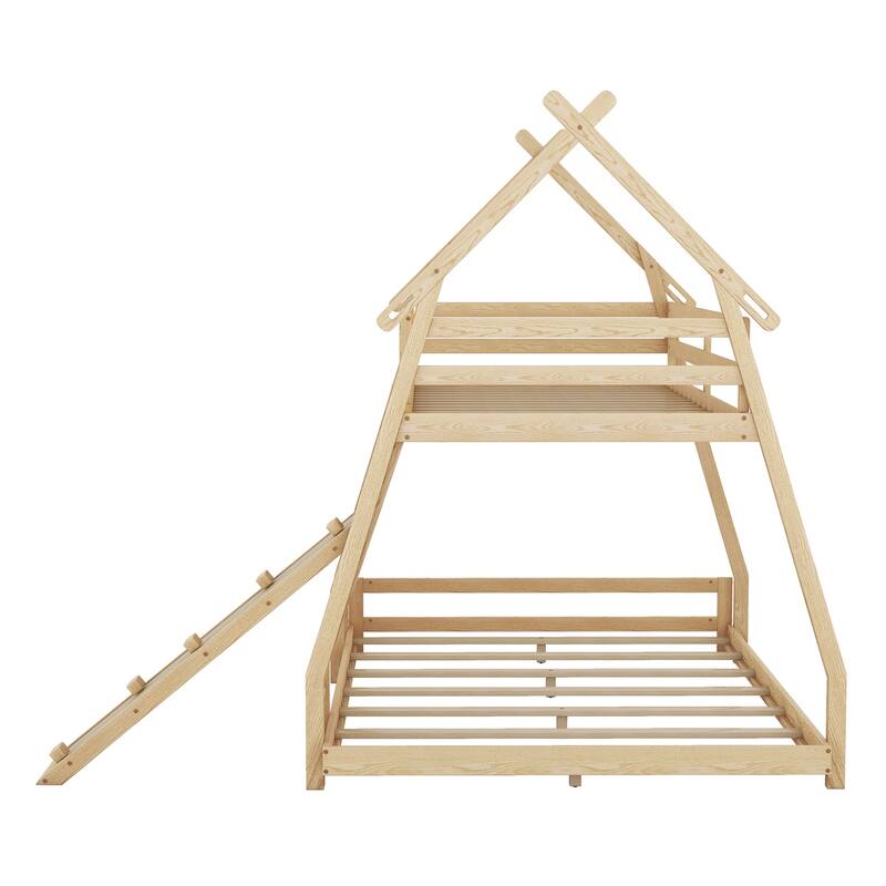 Twin Over Queen Bunk Bed Frame with Climbing Nets and Climbing Ramp
