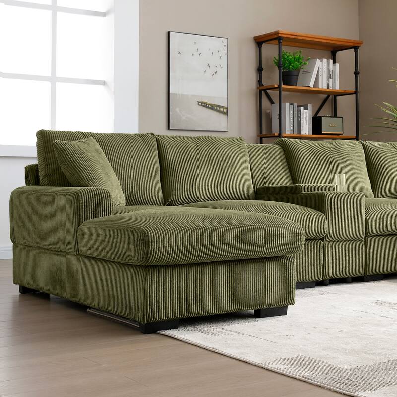 Modern Memory Foam Couch Corduroy U-shaped Sectional Sofa with Storage Console, Cup Holders and USB Ports for Living Room