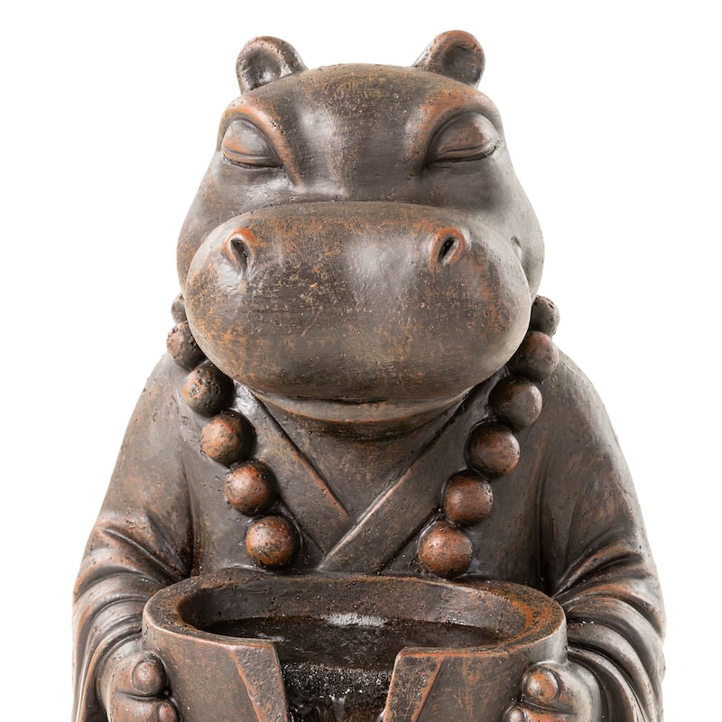 Glitzhome 21.75"H 2-Tiered Lighted Zen Style Frog Elephant Hippo Polyresin Outdoor Fountains