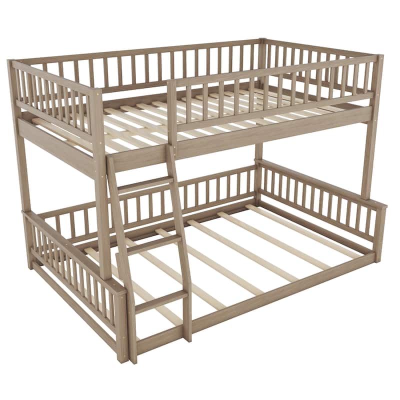 Full XL over Queen Bunk Bed with Ladder and Guardrails in Walnut Finish