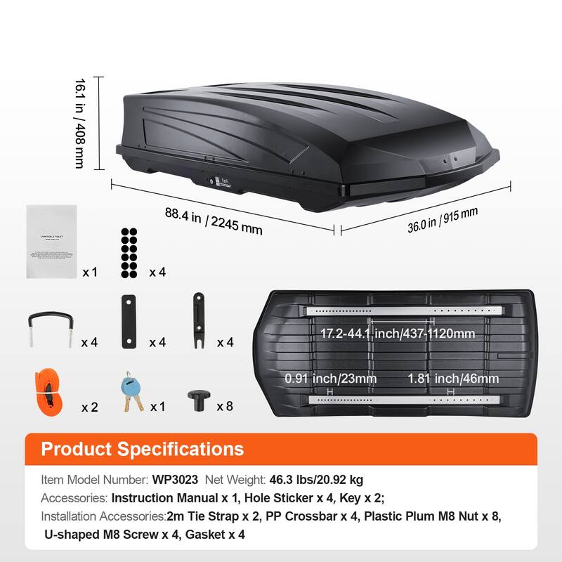 Rooftop Cargo Carrier for most Crossbar, for Car, Wagon, SUV - 22 cu.ft 20.8-40.5 inch