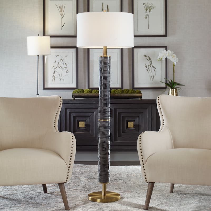 Solid Carved Floor Lamp with Drum Shade - 62.75" - Gray and Black