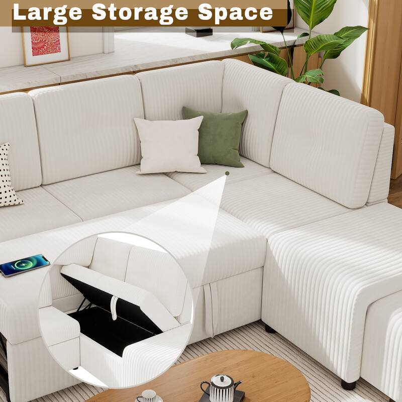 Modern Convertible Sectional Sofa Bed with USB Ports and Storage and Cup Holder for Small Space Living Room