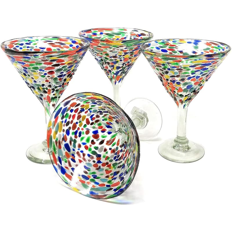 Dos Sueños Mexican Hand Blown Glass - Set of 4 Hand Blown Modern Margarita Glasses - Confetti Rock (12 oz)