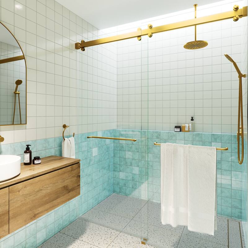 Polaris 60 in. x 78 in. Fully Frameless Glass Sliding Bypass Shower Doors with Square Hardware - Satin Brass