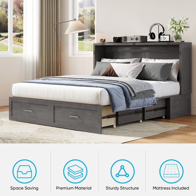 Mixoy Queen Modern Murphy Bed Chest with Mattress,Storage Drawer,Charging Station