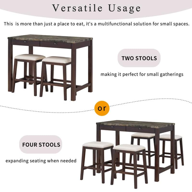 5-Pc Faux Marble Dining Set with 4 Upholstered Chairs and Storage, Walnut
